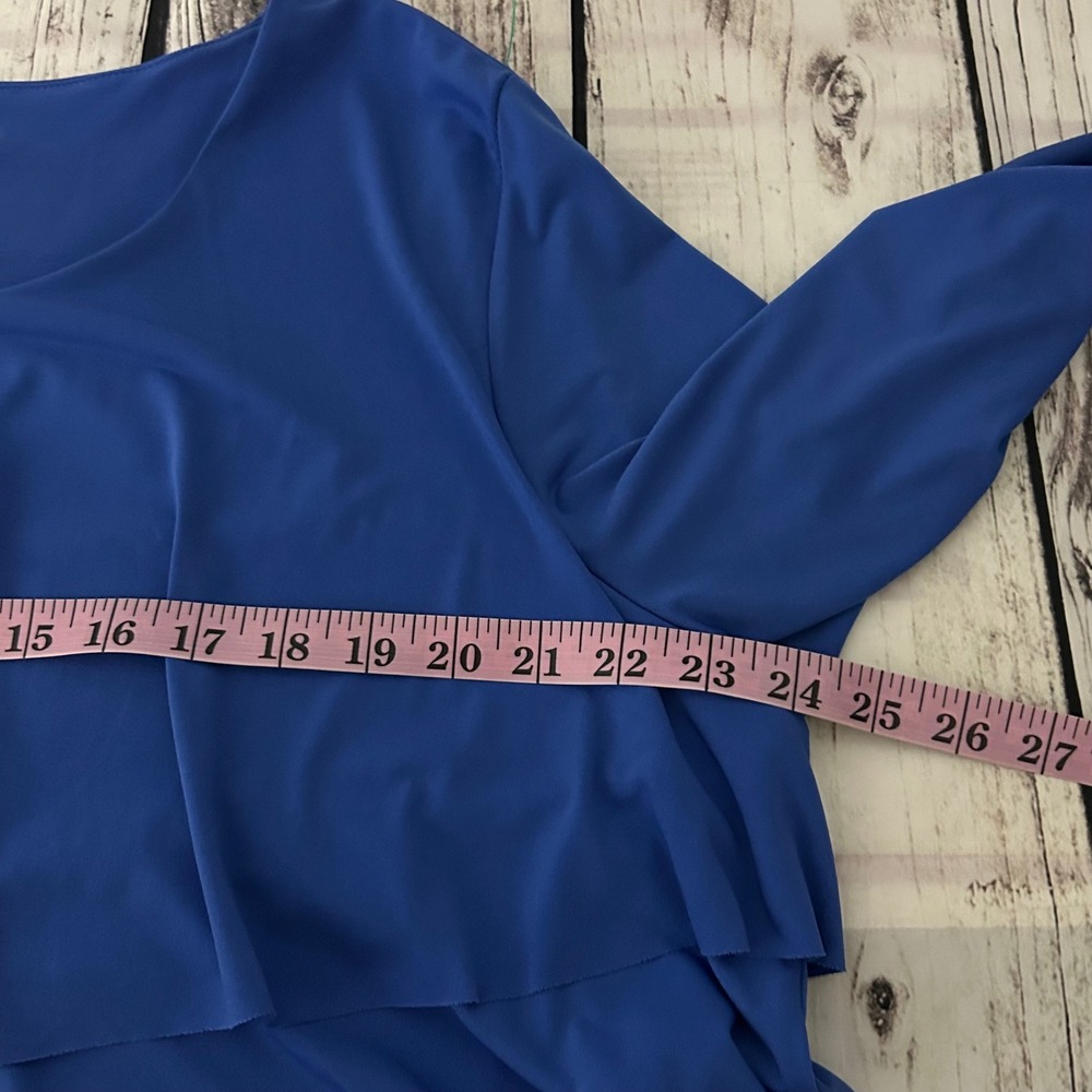 Susan Graver Royal Blue Liquid Knit Tiered Asymmetrical Ruffle Top XL 3/4 Sleeve - Picture 7 of 8